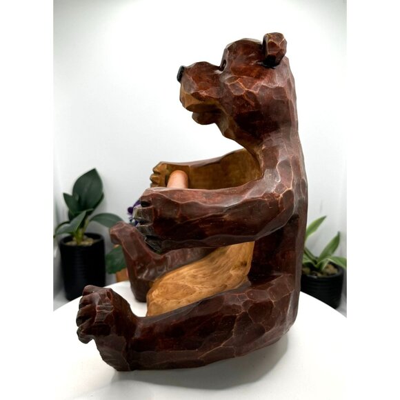 Hand-Carved Faux Wooden Bear Toilet Paper Holder Wall Mountable - Picture 6 of 9